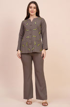Taupe Co-ord Set with Yellow Sequin Crescent Motifs