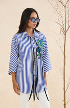 Blue Floral Embellished Stripes Shirt