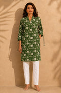 Olive Green Floral Printed Kurti