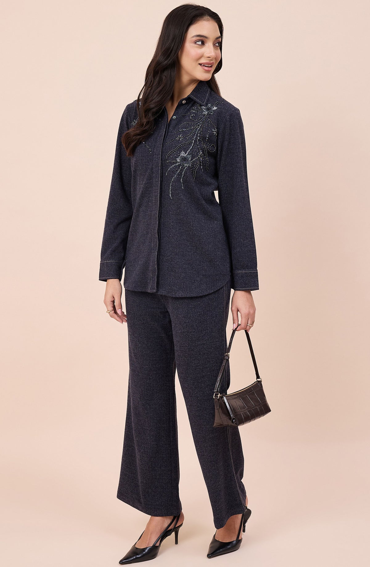 Dark Grey Woollen Embellished Co-ord Set