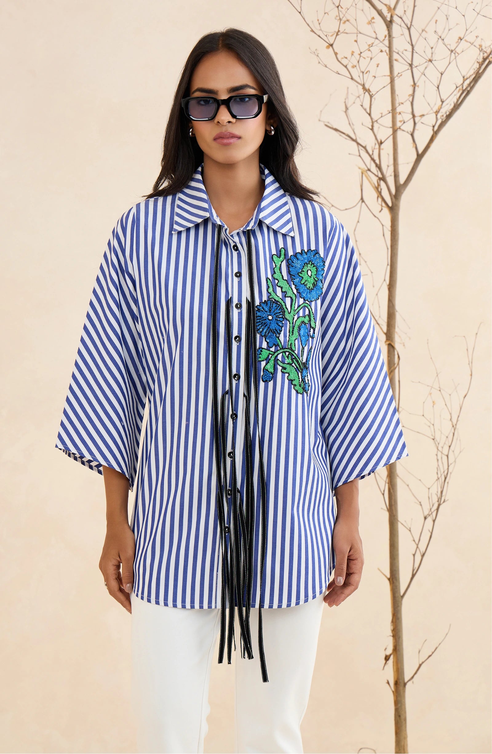 Blue Floral Embellished Stripes Shirt