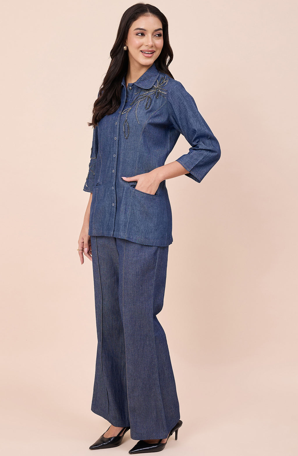 Cotton Denim Stone Embellished Co-ord Set