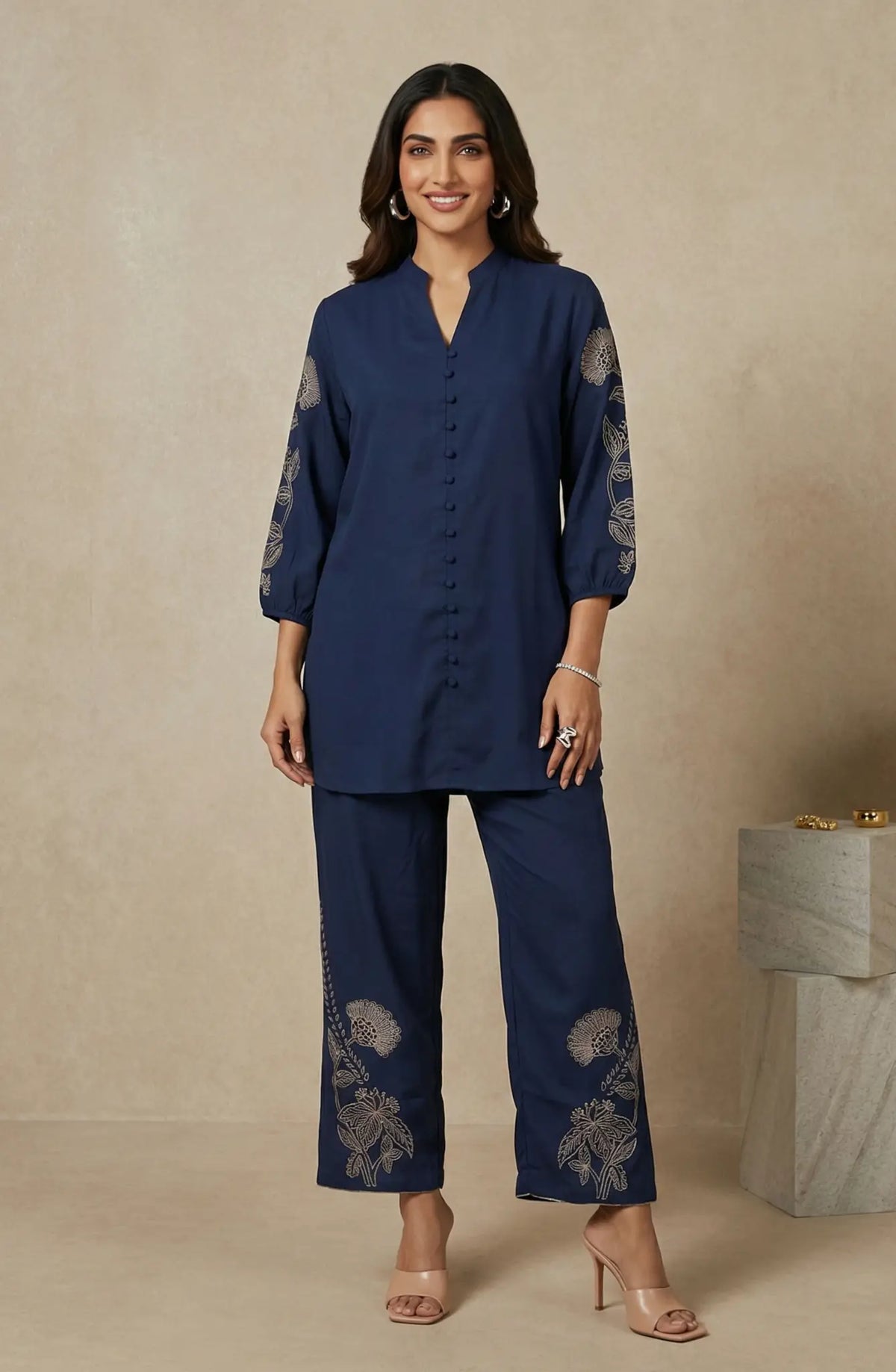 Navy Blue Embroidered Co-ord Set
