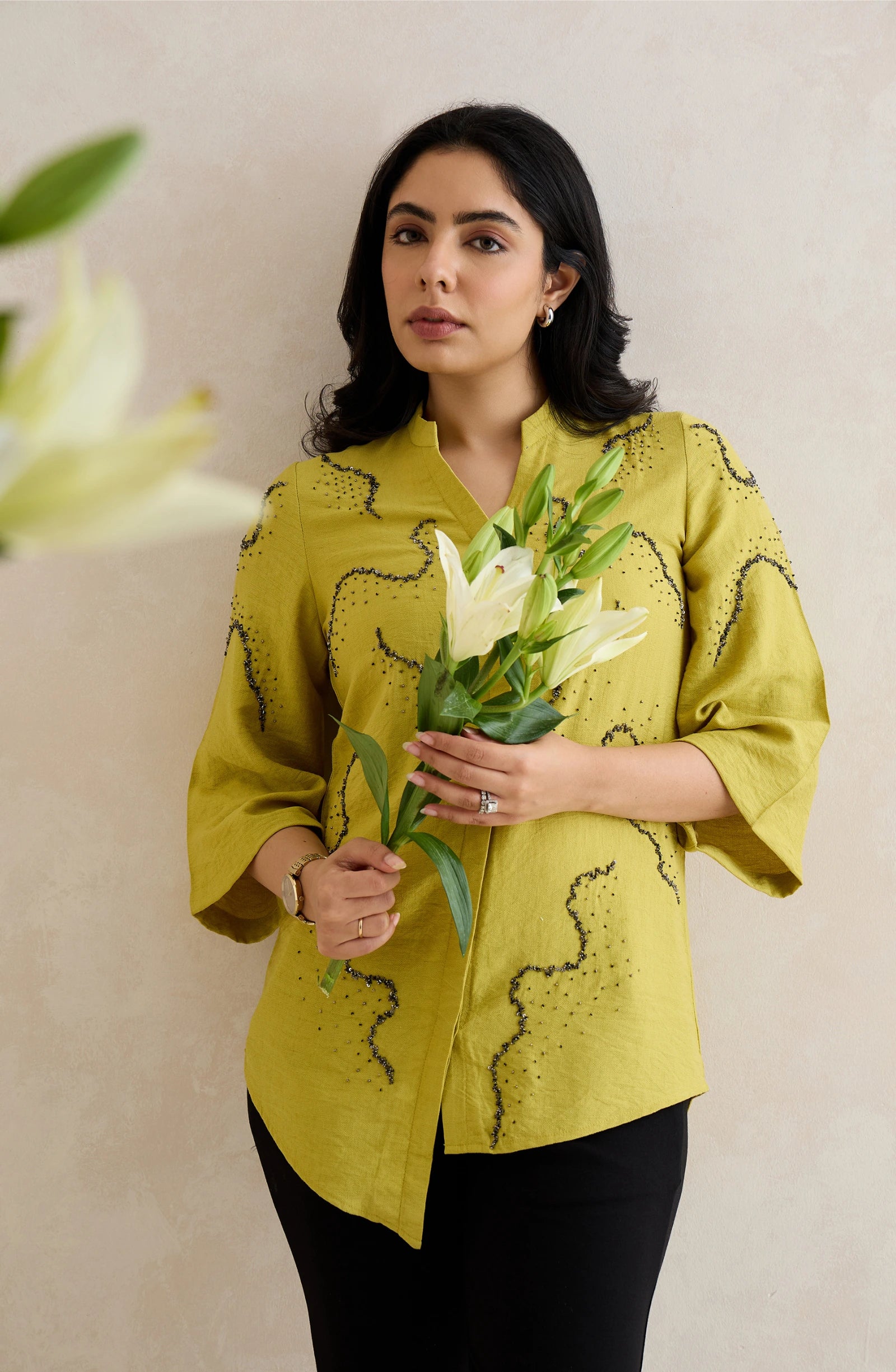 Lime Green Wave Embellished Shirt