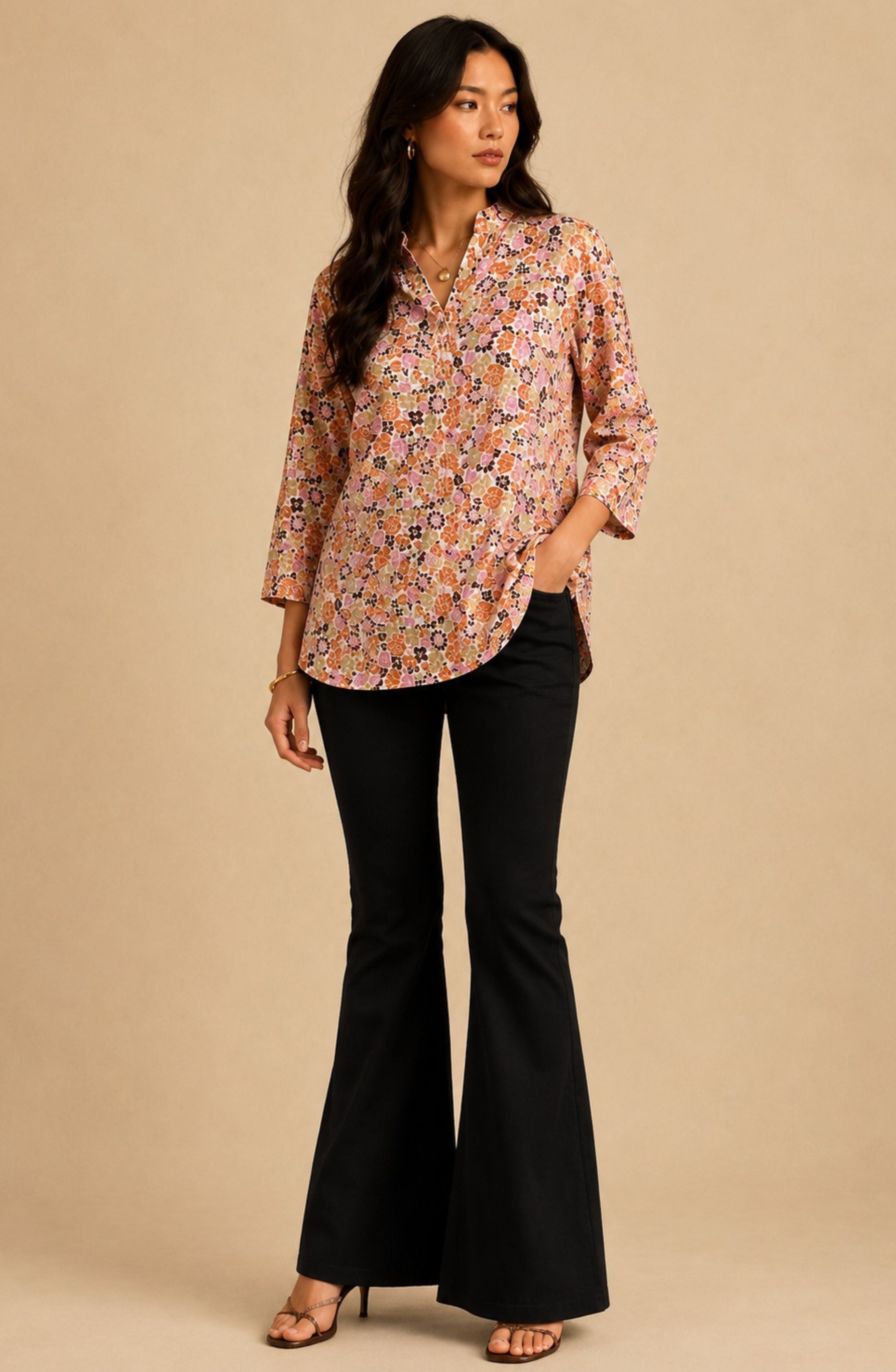 Peach Multicolor Small Floral Printed Shirt