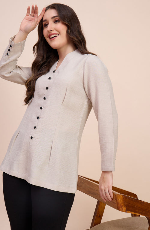 Beige Button-Down Top with Pleated Detail