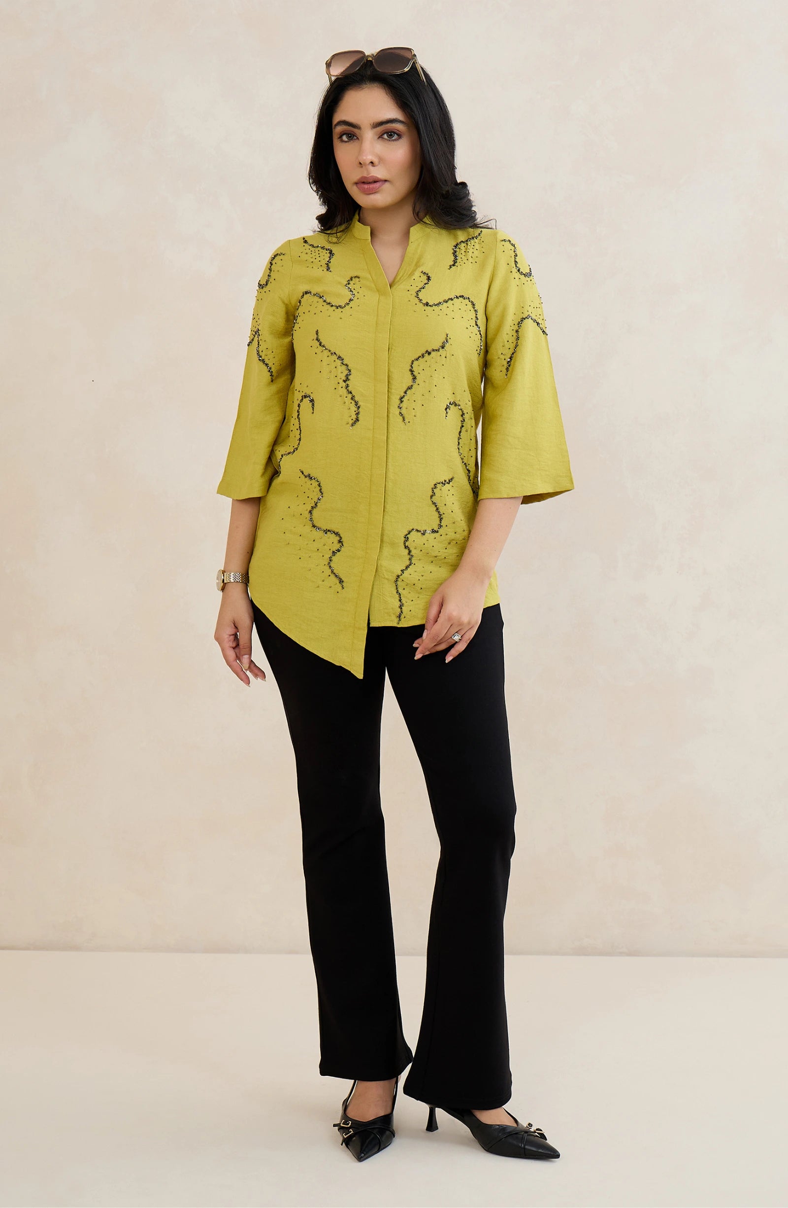 Lime Green Wave Embellished Shirt