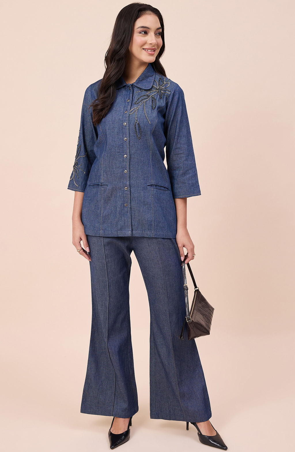 Cotton Denim Stone Embellished Co-ord Set