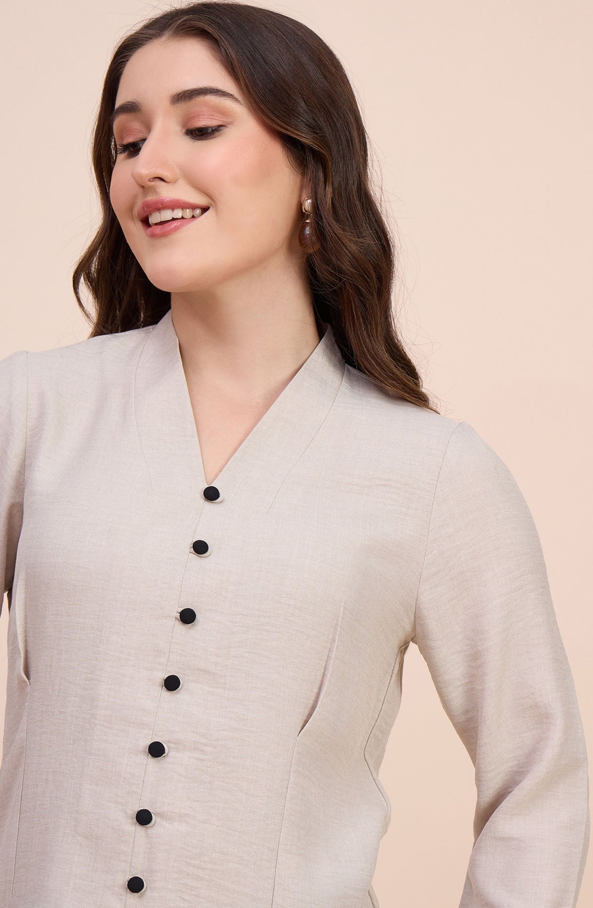 Beige Button-Down Top with Pleated Detail