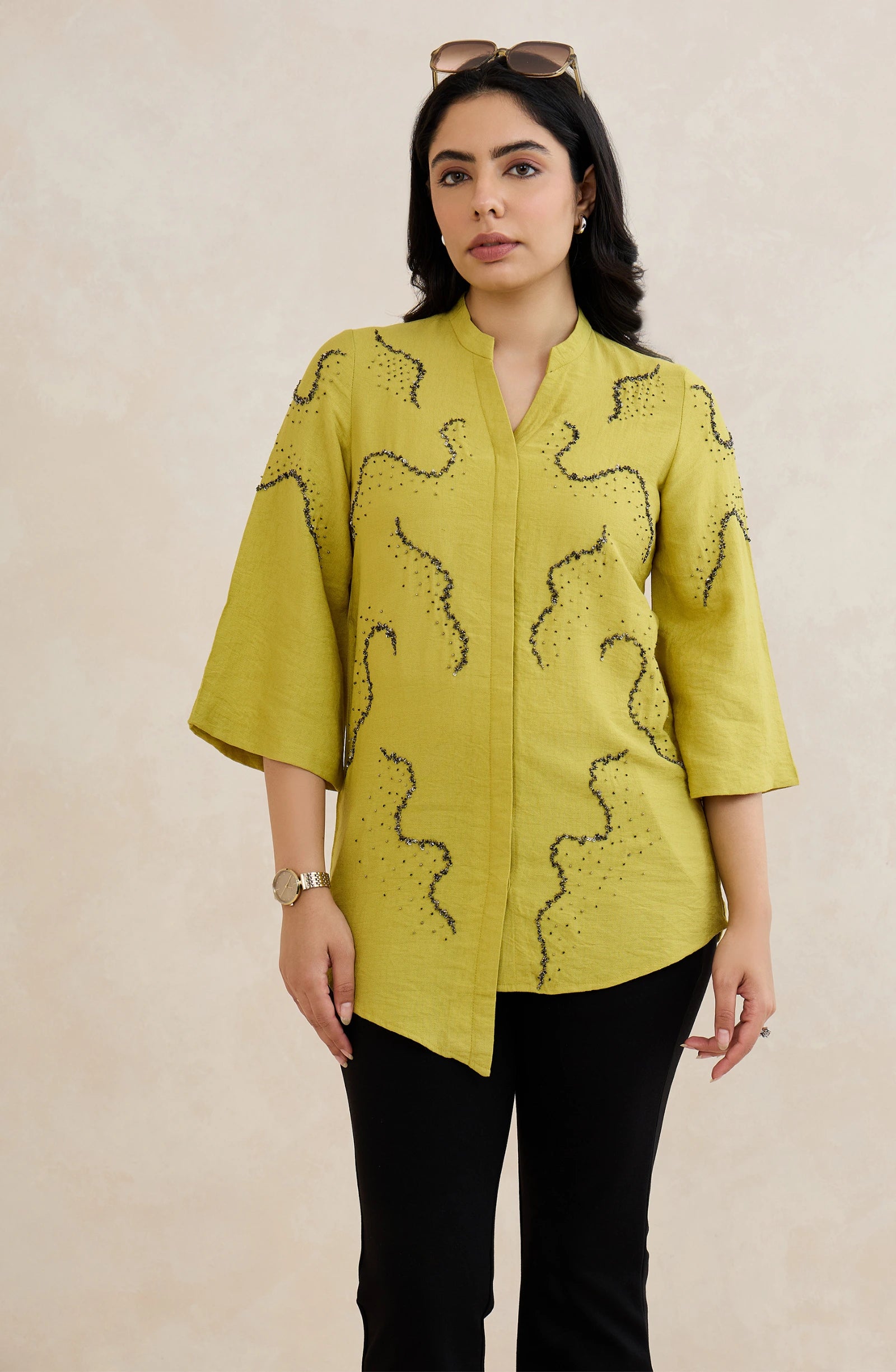 Lime Green Wave Embellished Shirt