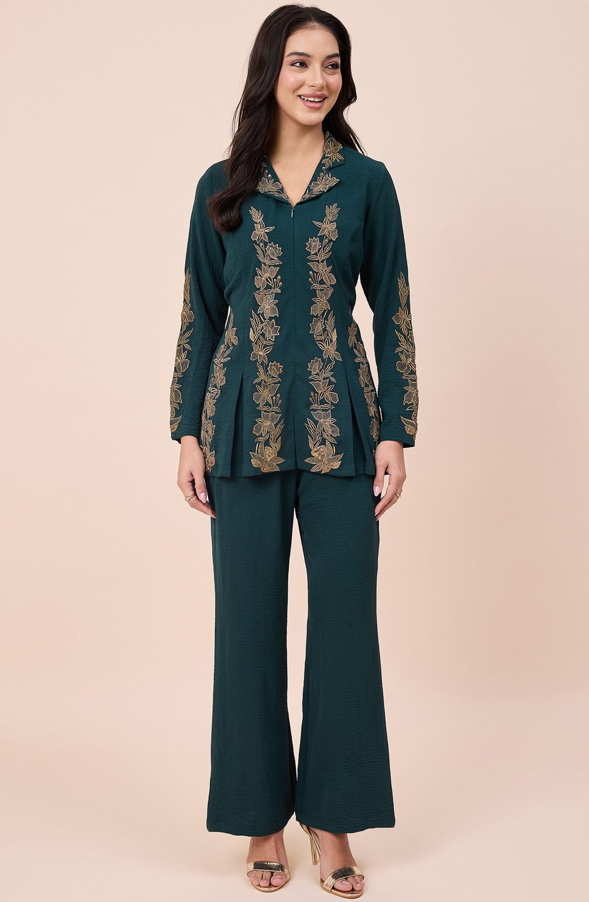 Bottle Green Zari Embroidered Co-ord Set