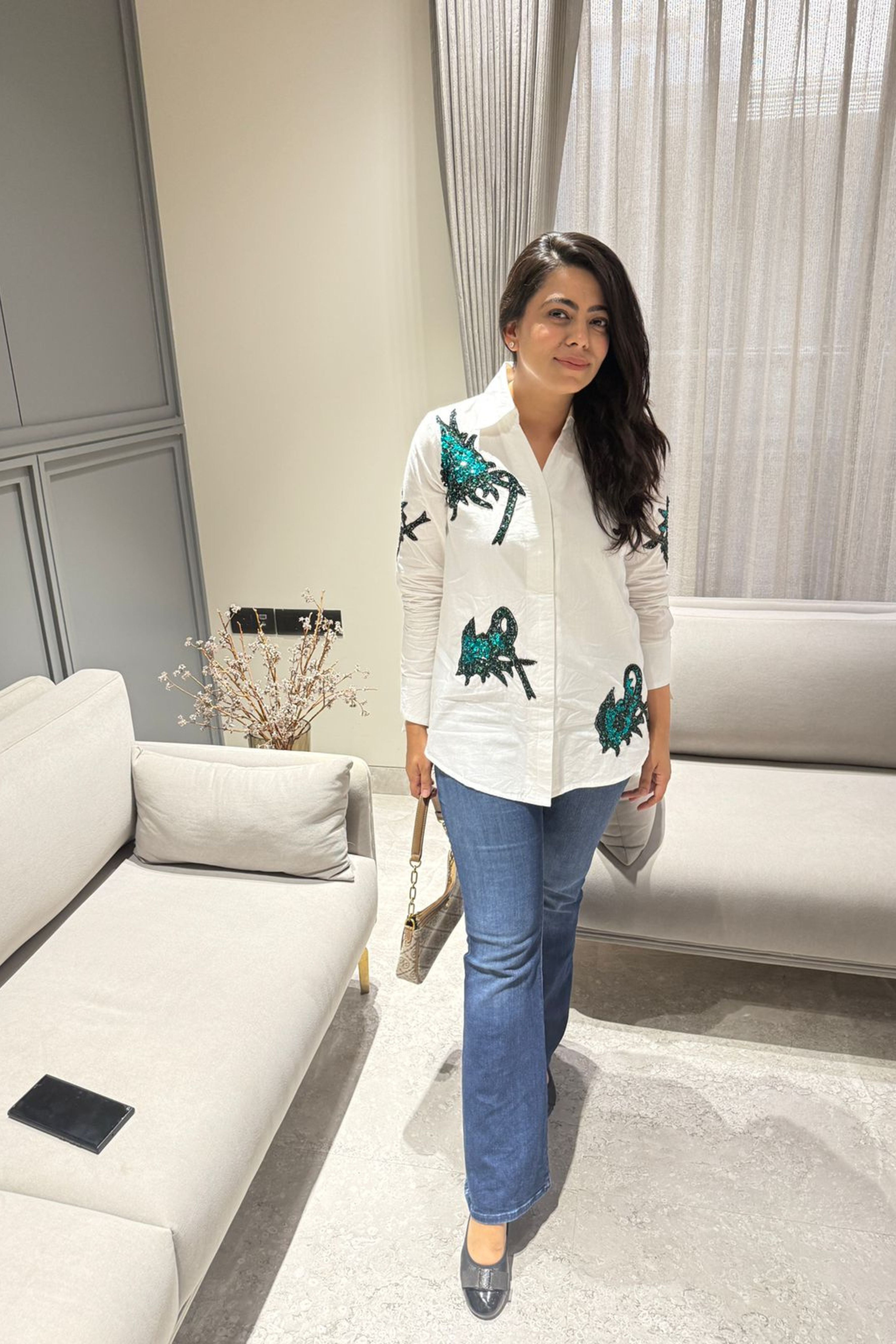 White Sequin Abstract Shirt