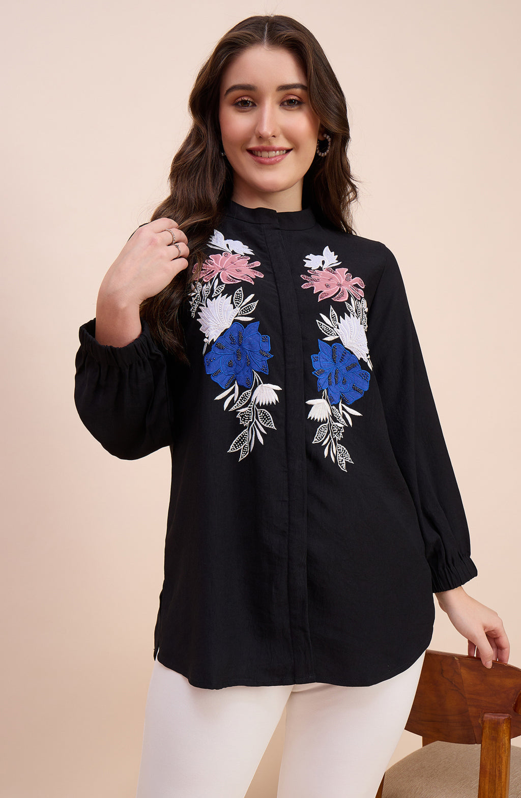 Black Shirt with Multicolour Floral Applique