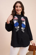 Black Shirt with Multicolour Floral Applique