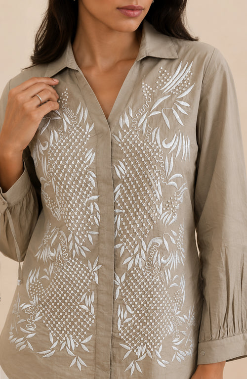 Beige Cotton Linen Embroidered Shirt