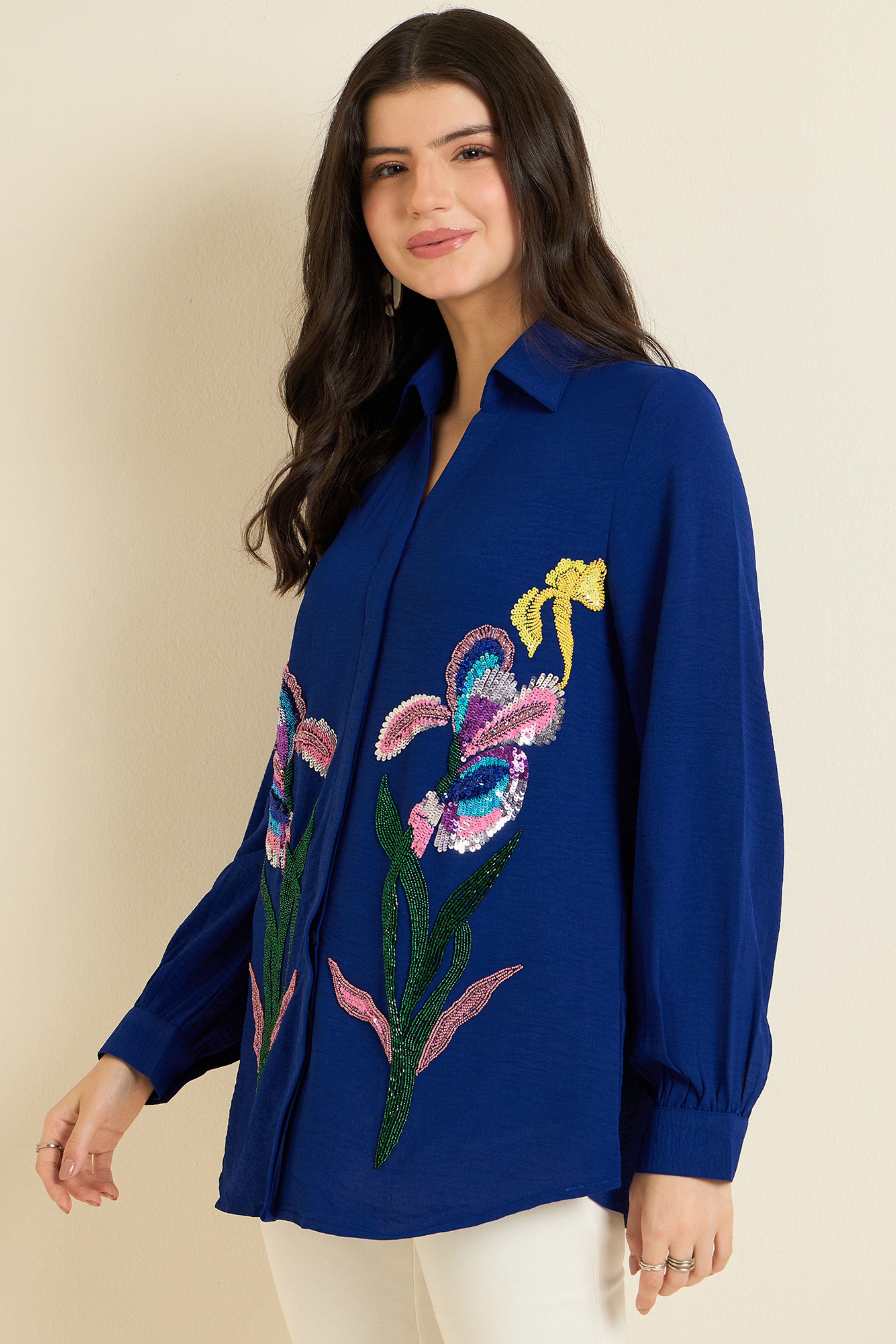 Royal Blue Embellished Floral Shirt