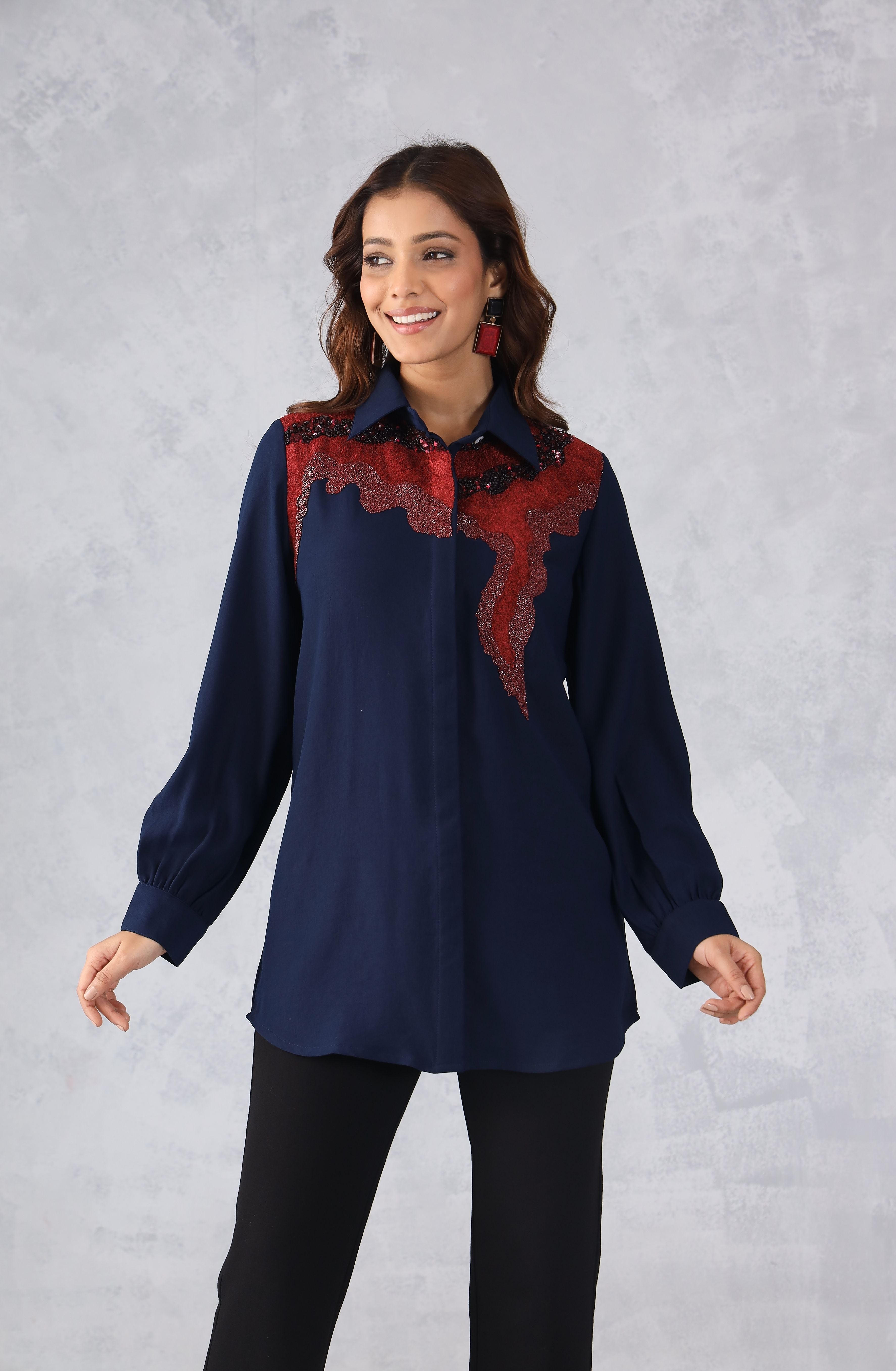 Navy Blue & Red Abstract Embellished Shirt