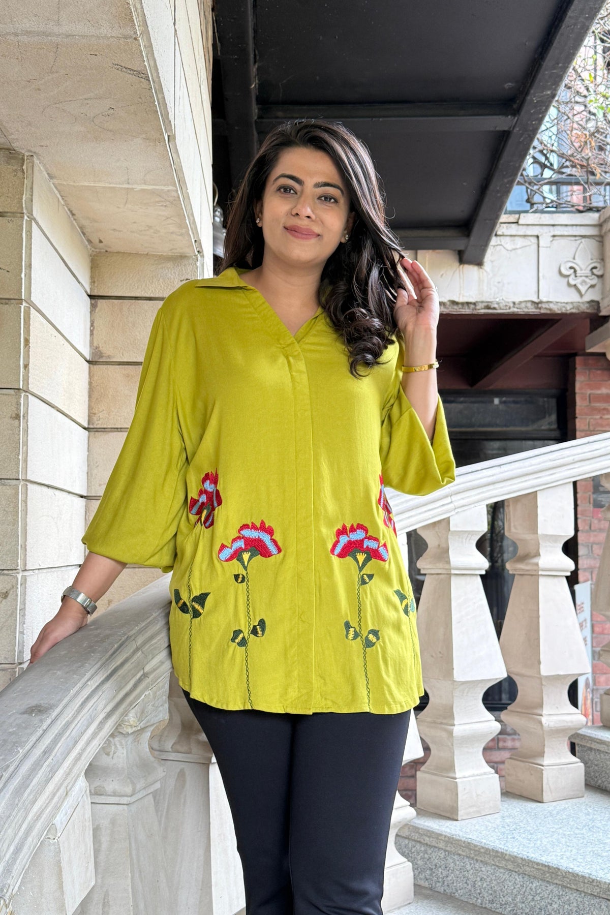 Mustard Floral Embroidered Shirt