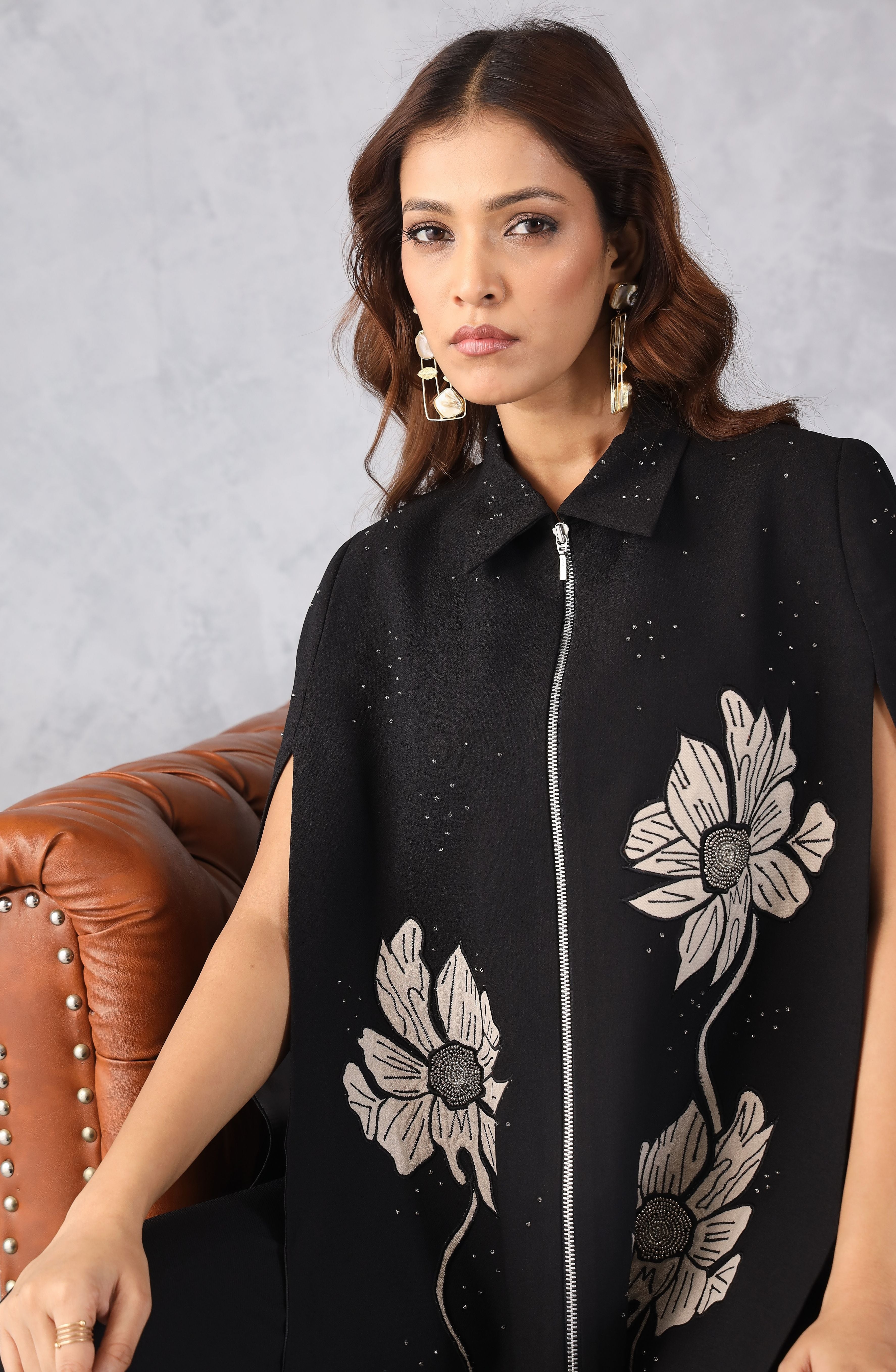 Black Embroidered Cape Style Co-Ord Set