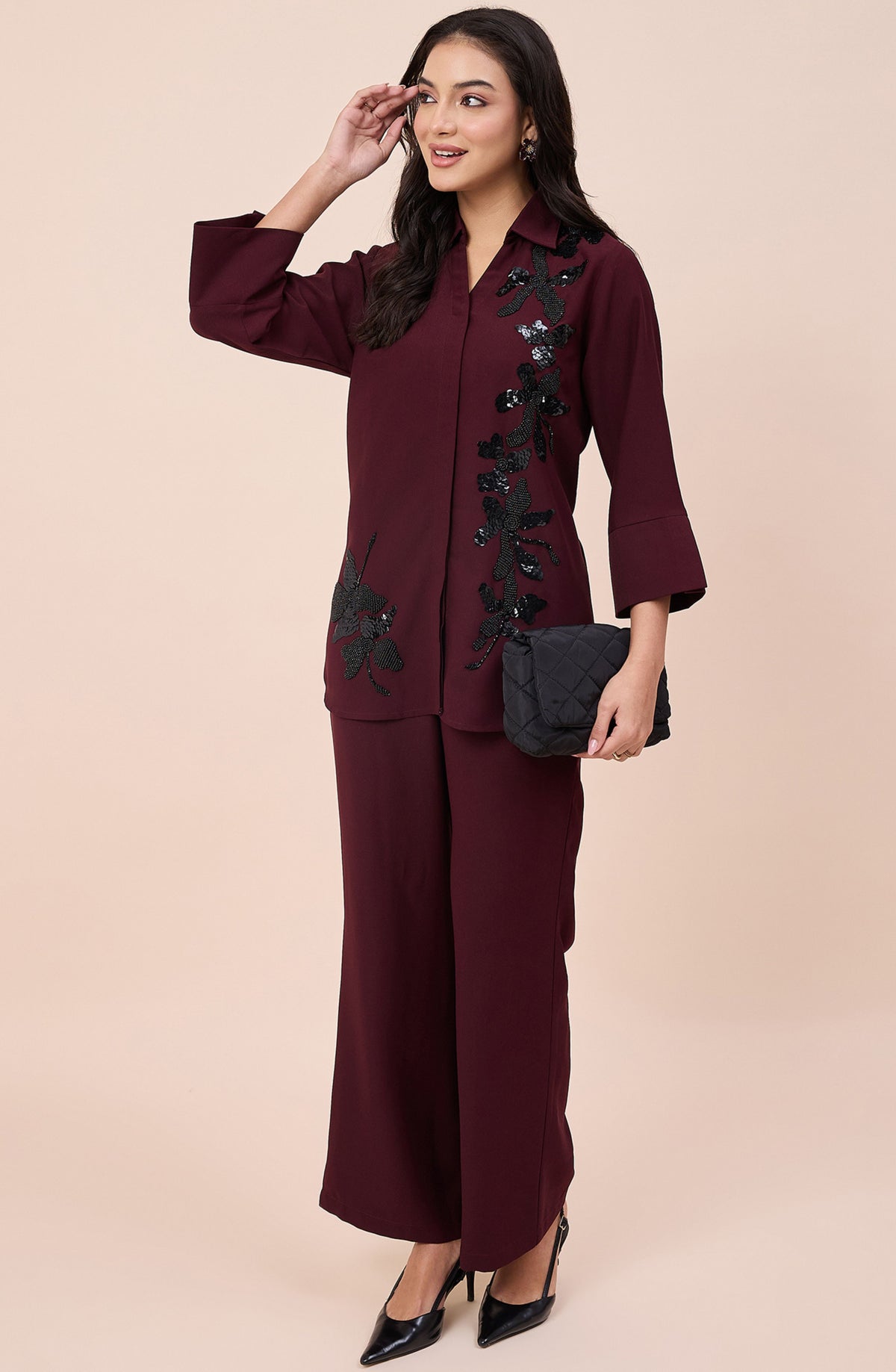 Wine & Black Embellished Co-ord Set