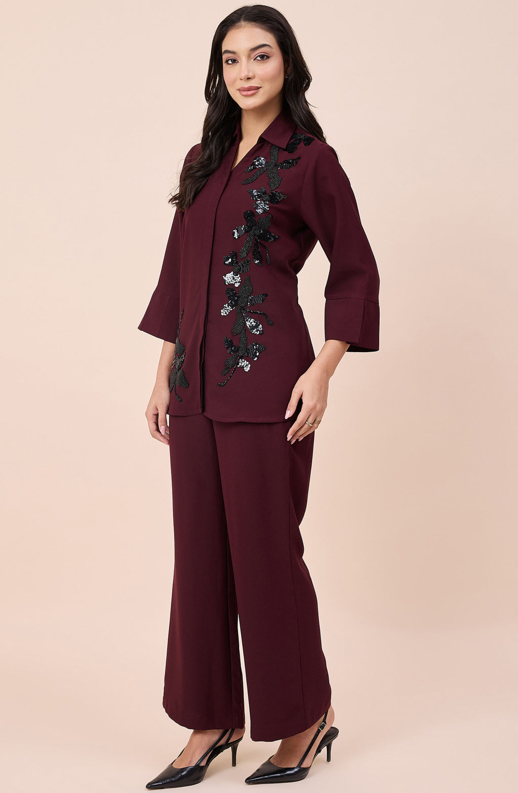 Wine & Black Embellished Co-ord Set