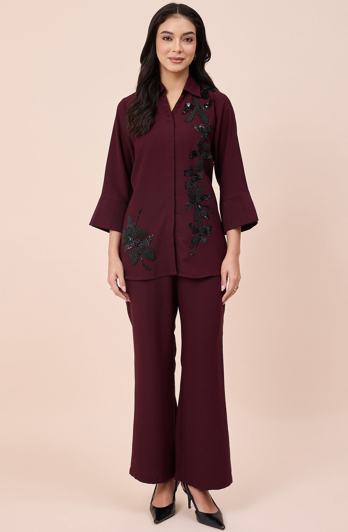 Wine & Black Embellished Co-ord Set