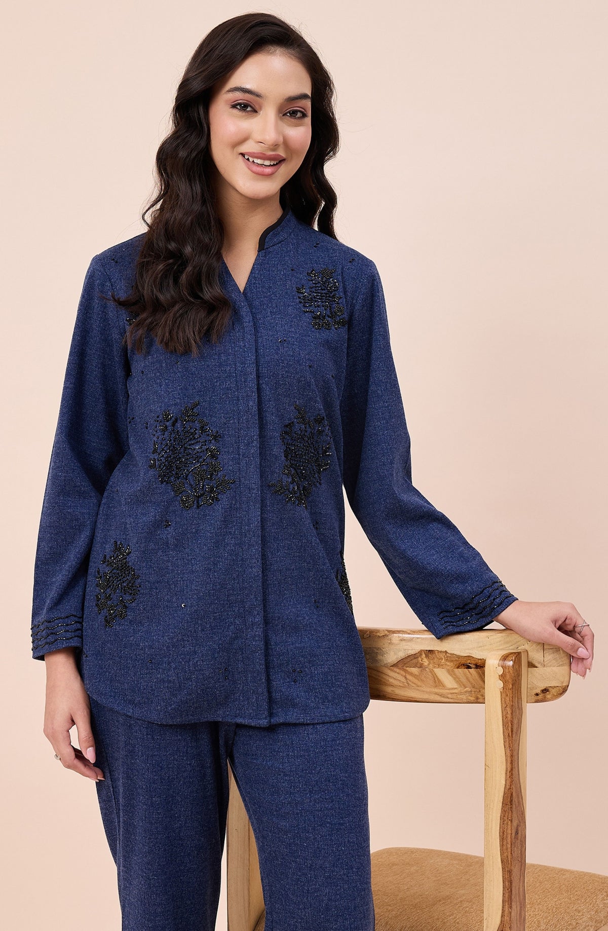 Blue Woollen Embellished Co-ord Set