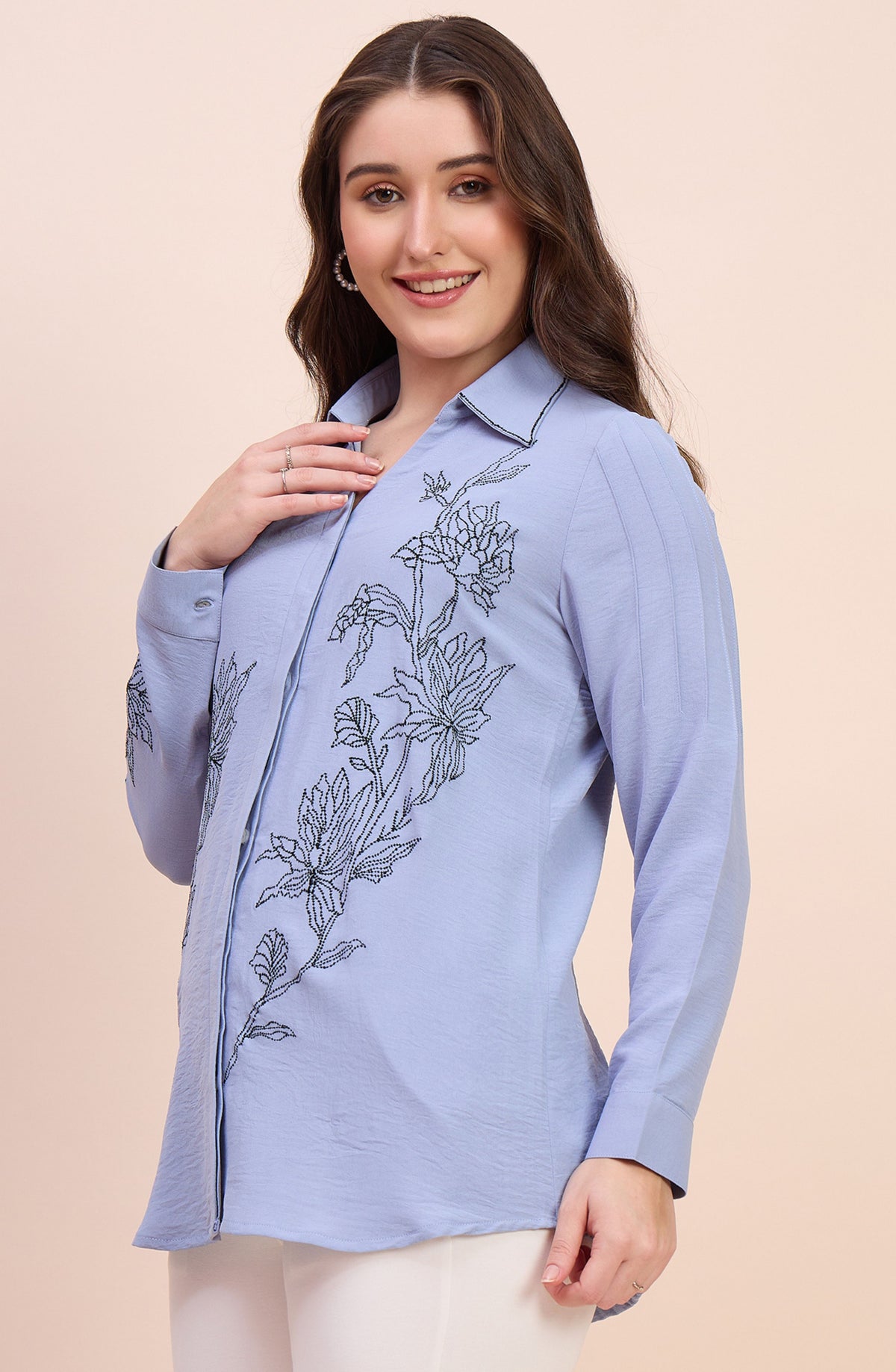 Powder Blue Shirt with Line-Art Floral Embroidery