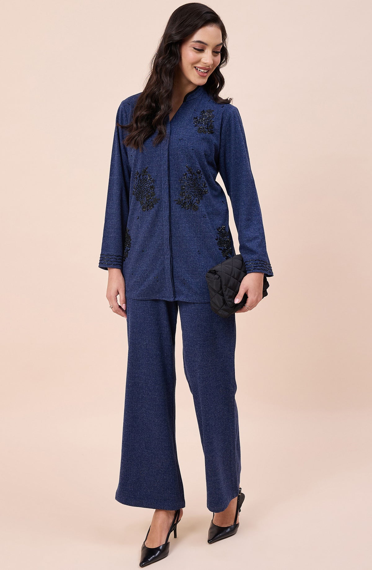 Blue Woollen Embellished Co-ord Set
