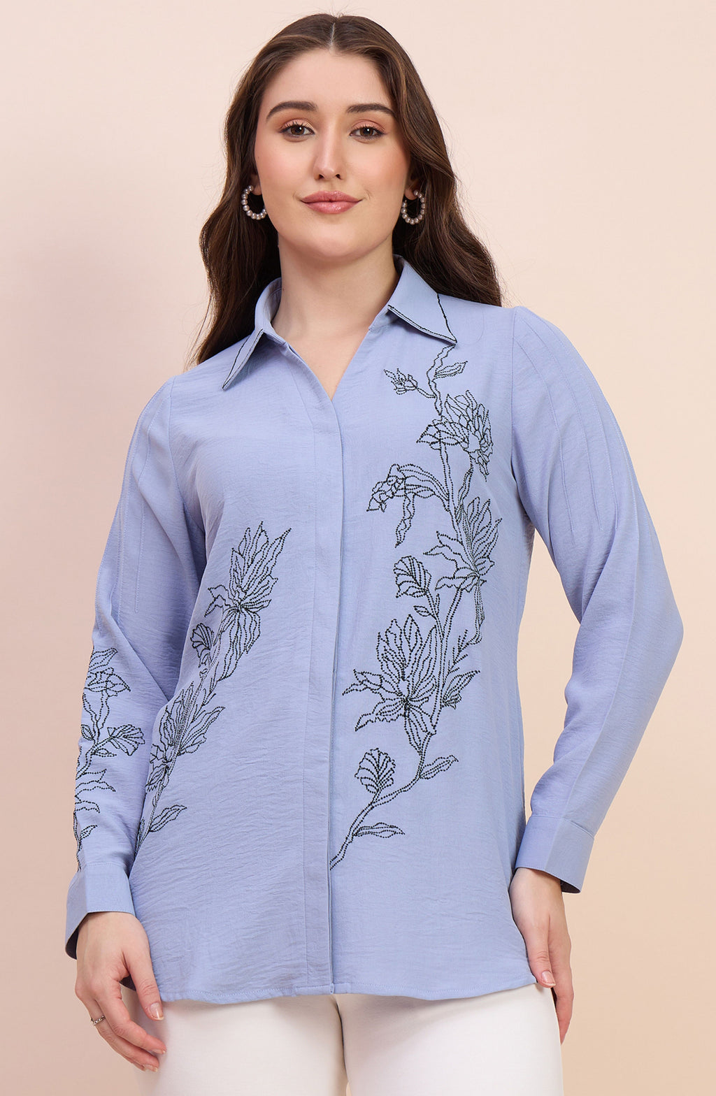 Powder Blue Shirt with Line-Art Floral Embroidery