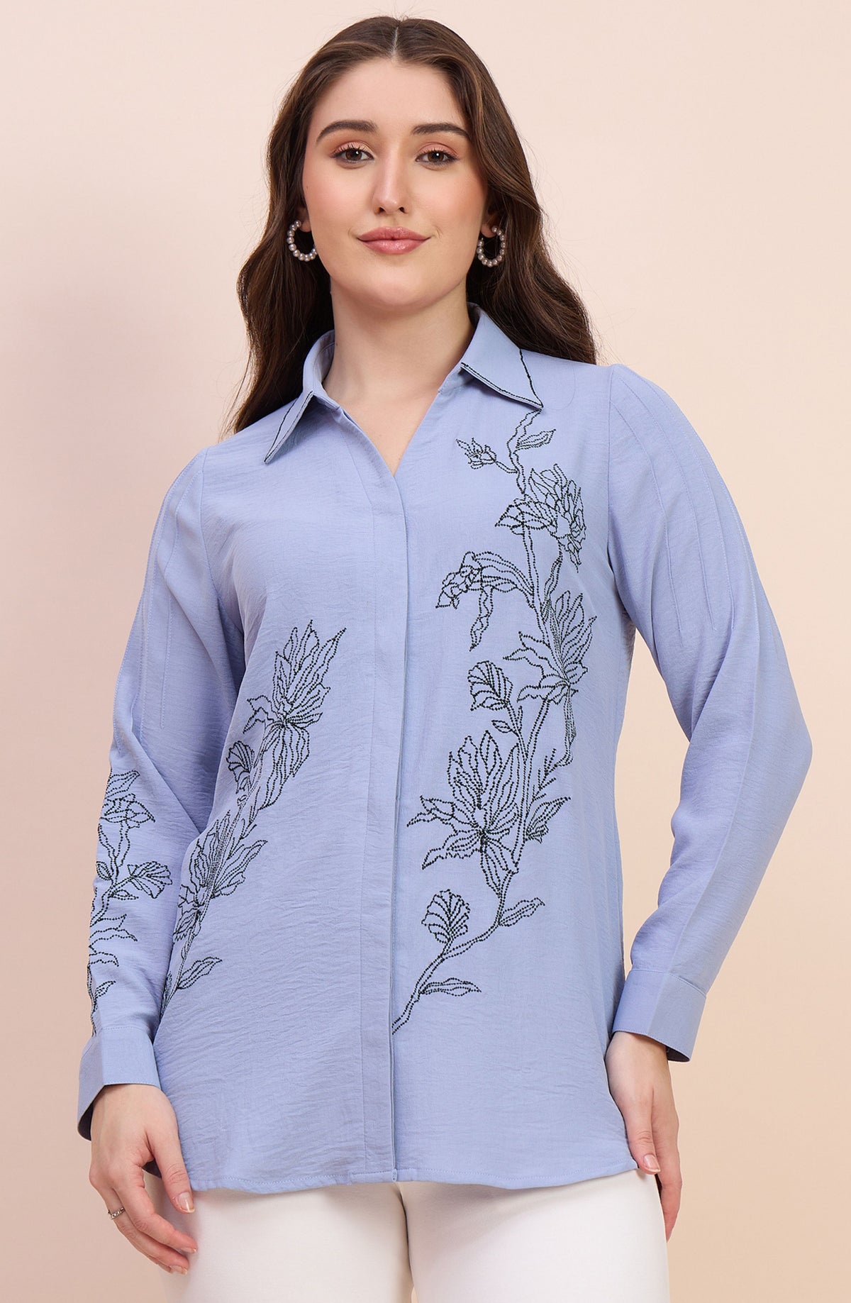 Powder Blue Shirt with Line-Art Floral Embroidery