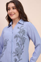 Powder Blue Shirt with Line-Art Floral Embroidery