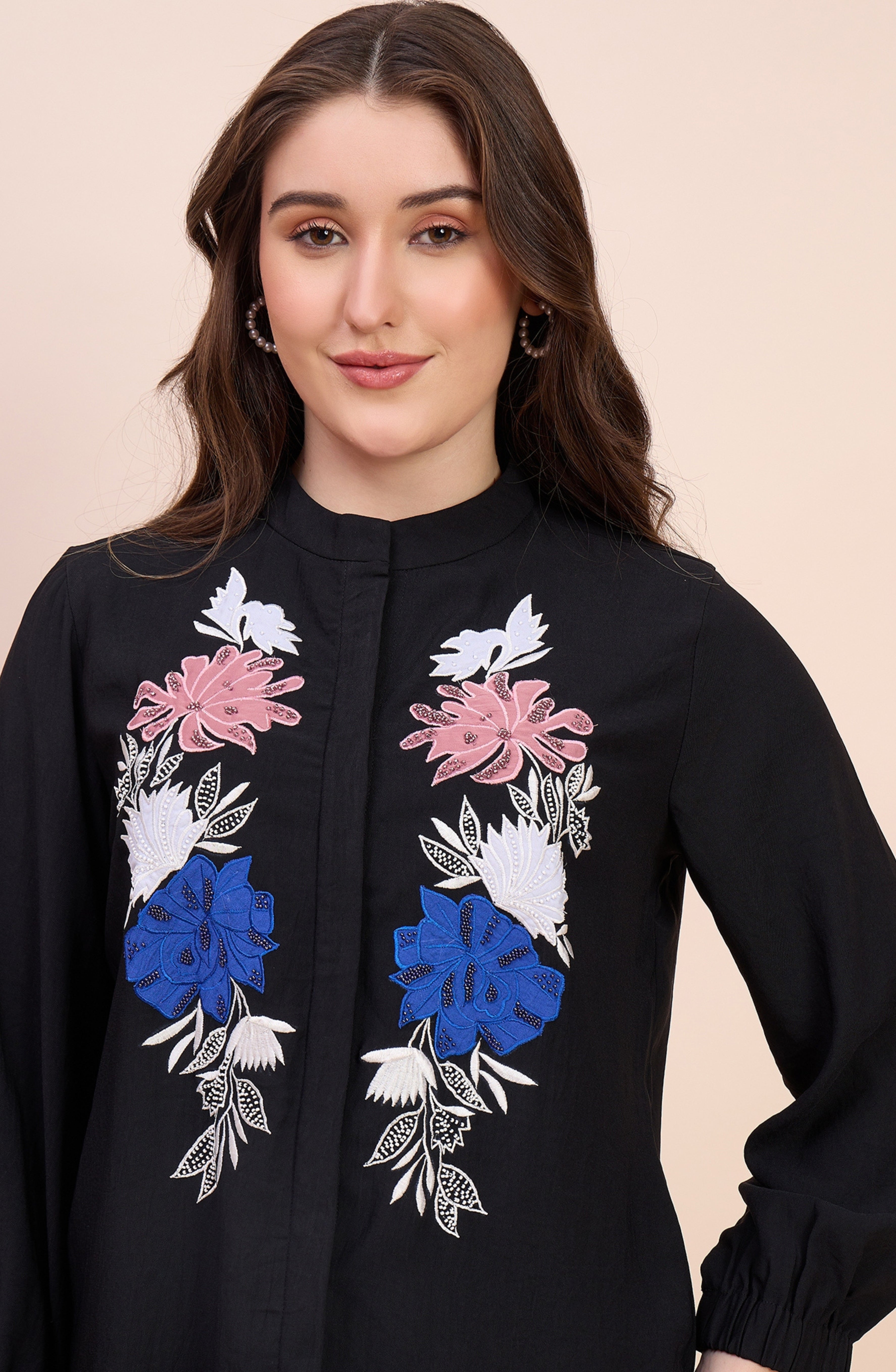 Black Shirt with Multicolour Floral Applique