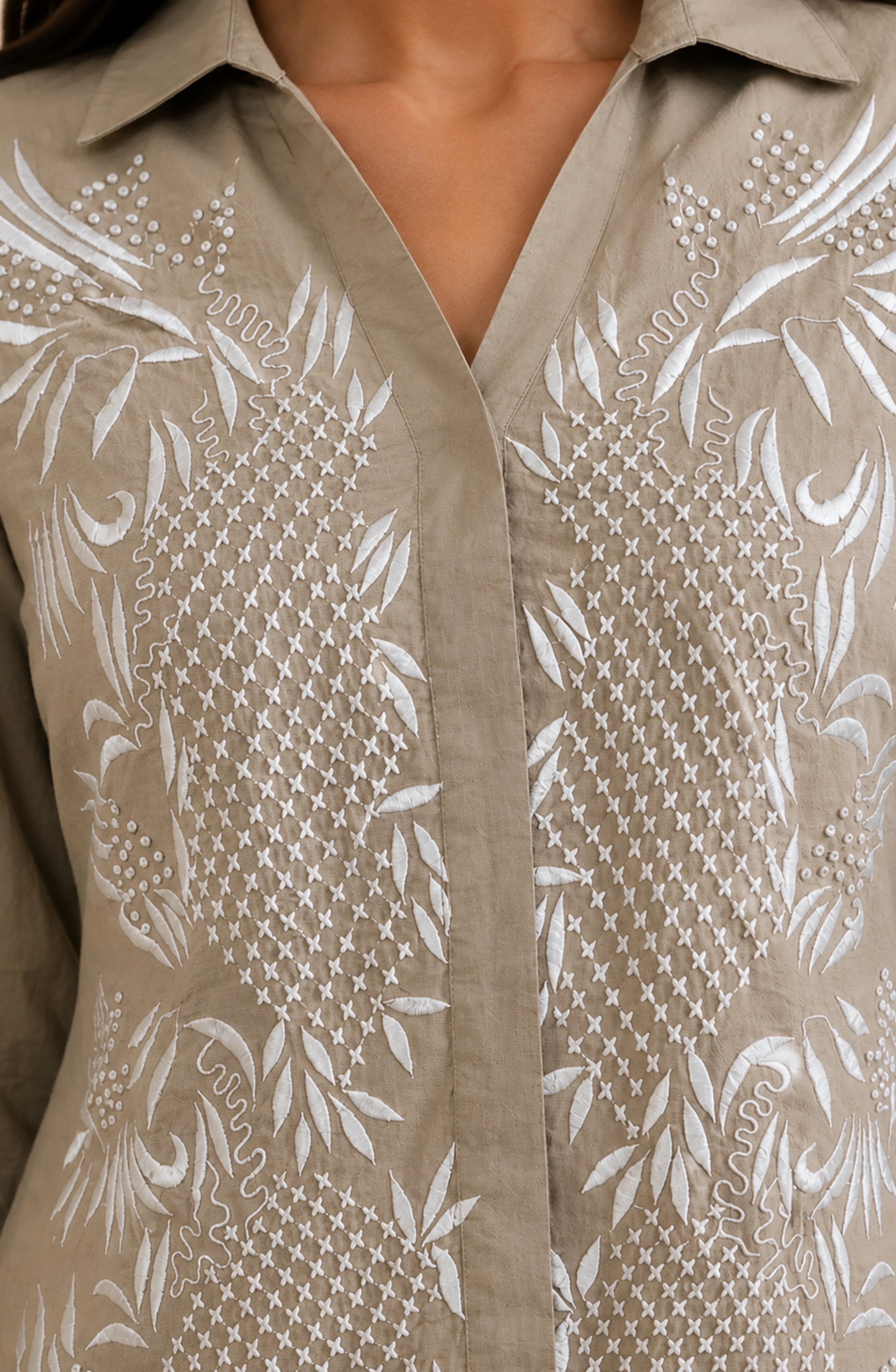 Beige Cotton Linen Embroidered Shirt
