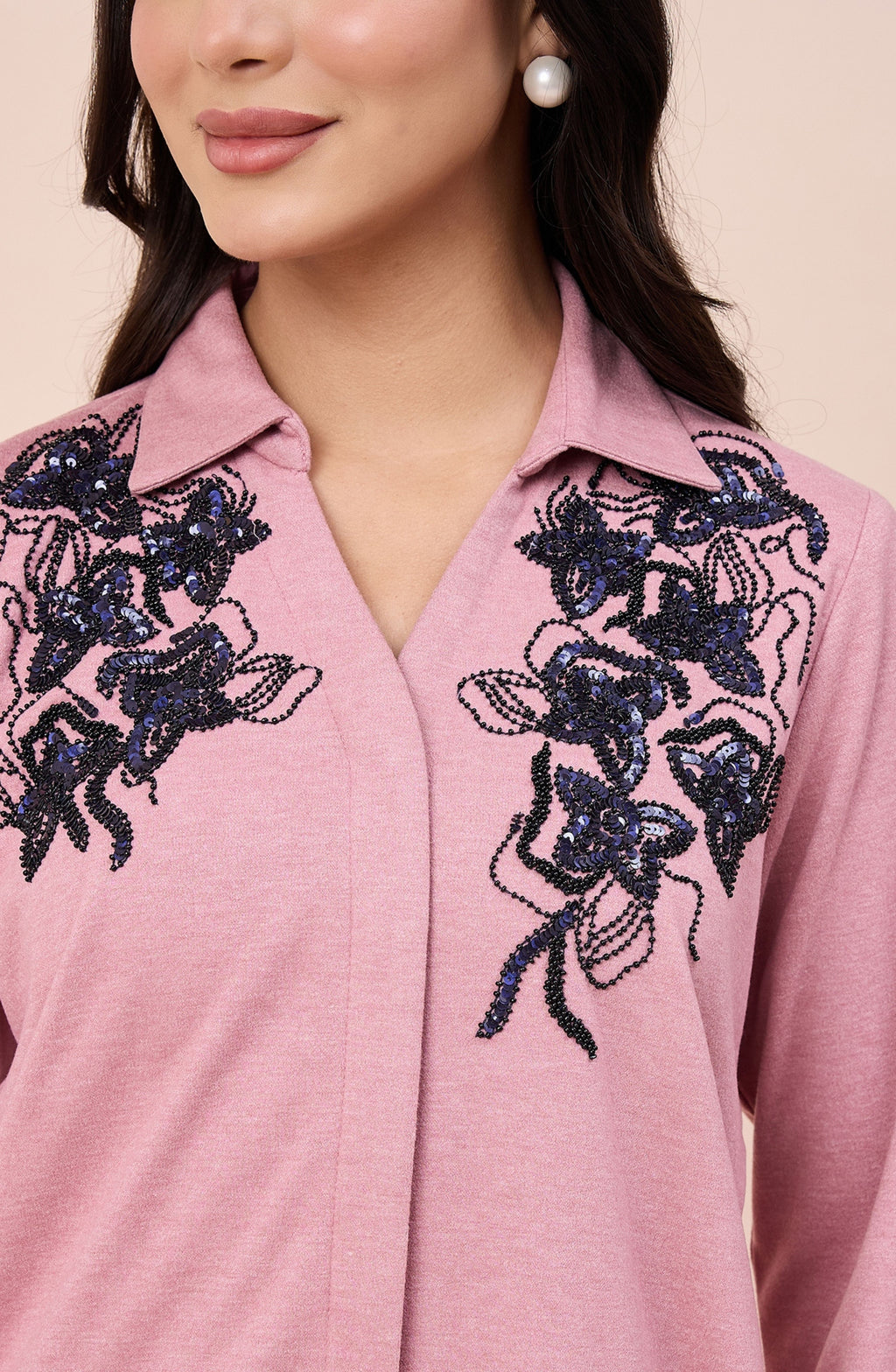 Dusty Pink Winter Co-ord Set with Navy Sequin Floral Embroidery