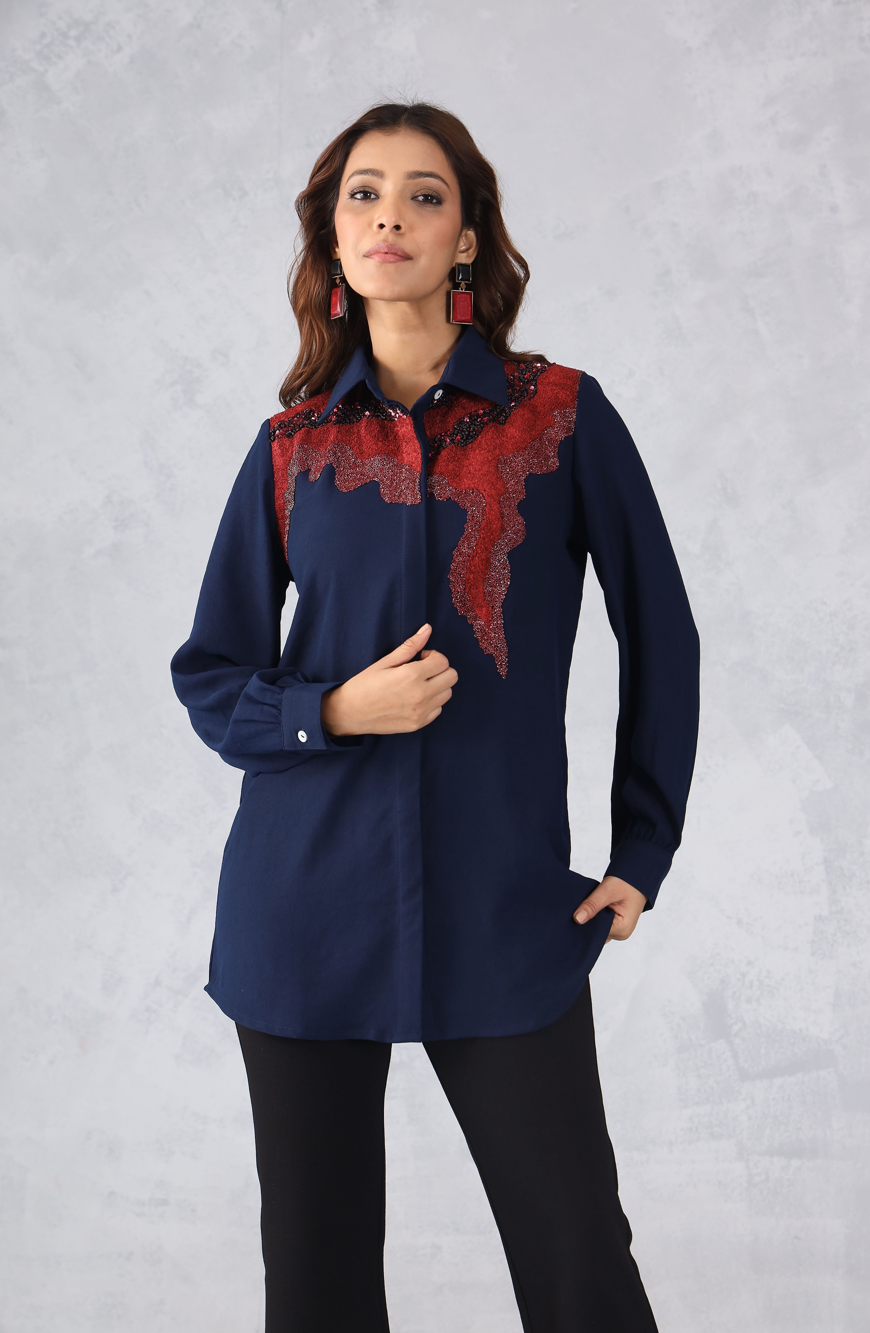 Navy Blue & Red Abstract Embellished Shirt