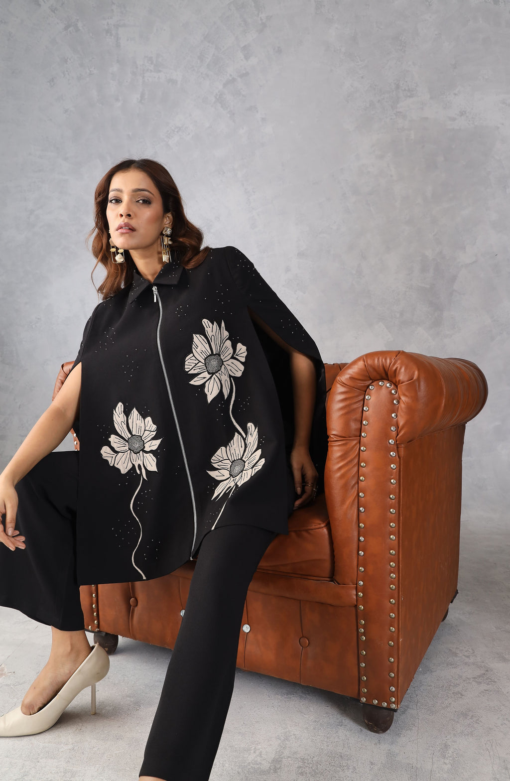 Black Embroidered Cape Style Co-Ord Set