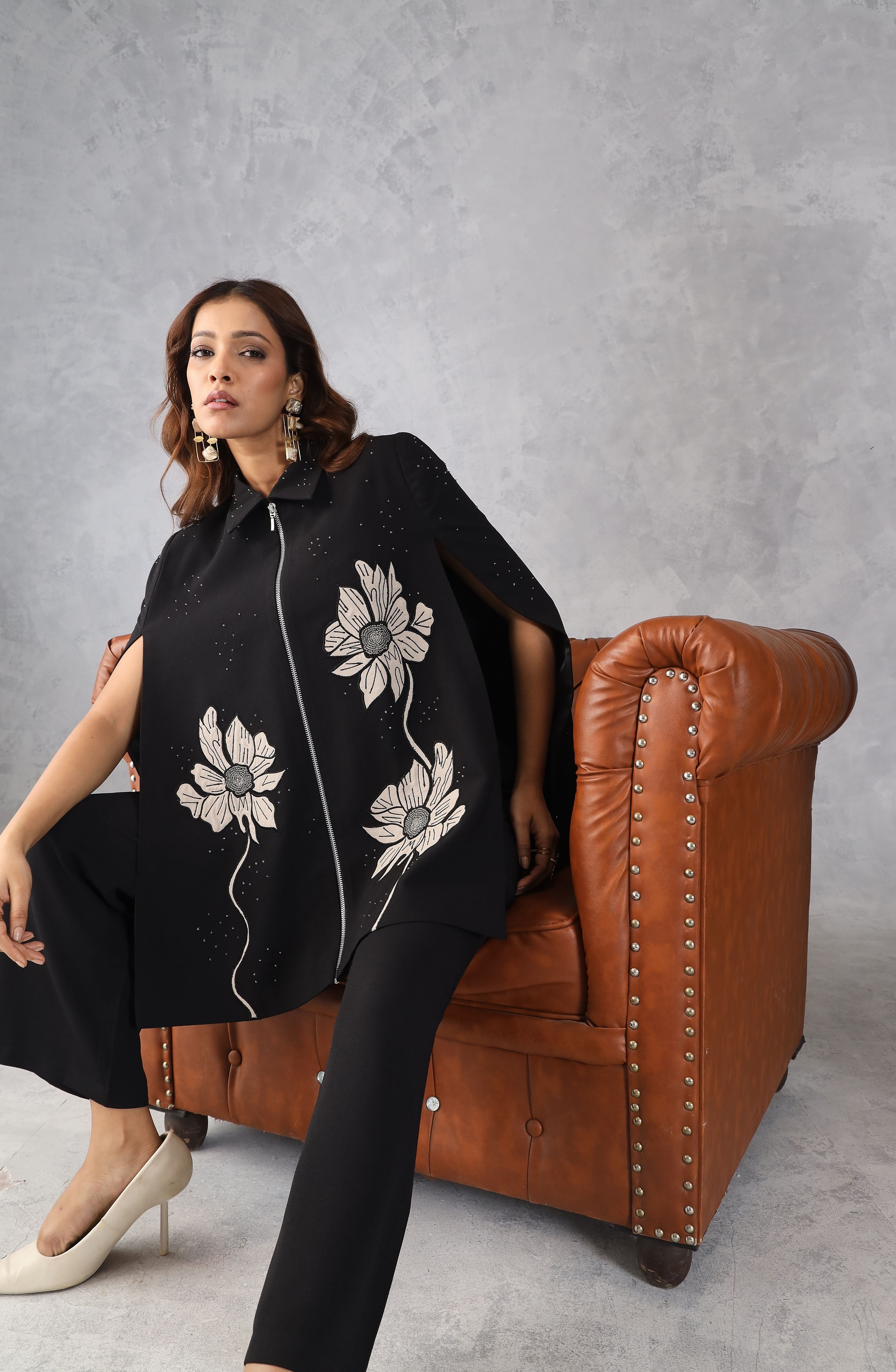 Black Embroidered Cape Style Co-Ord Set