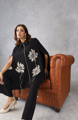 Black Embroidered Cape Style Co-Ord Set
