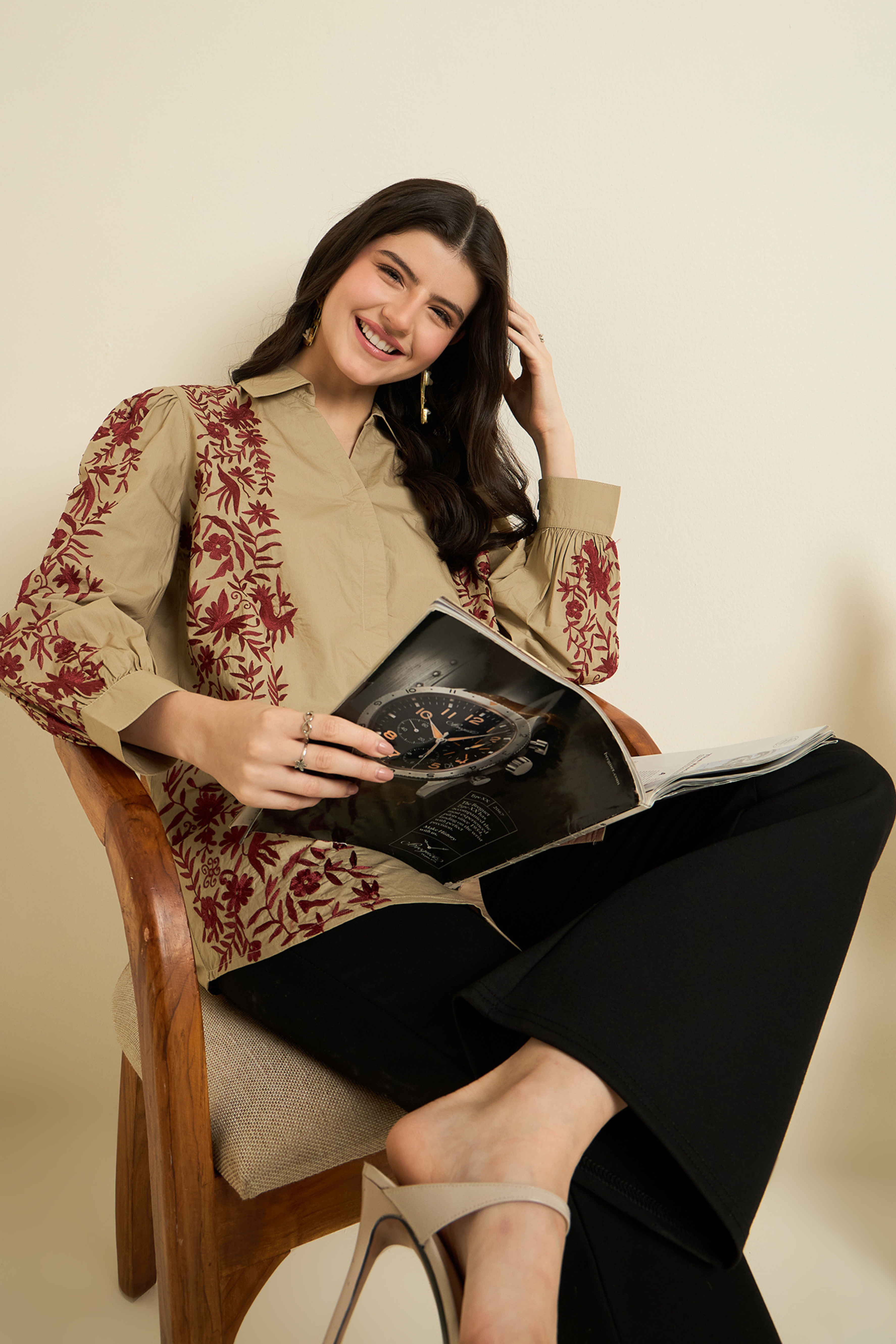Beige Floral Embroidered Shirt