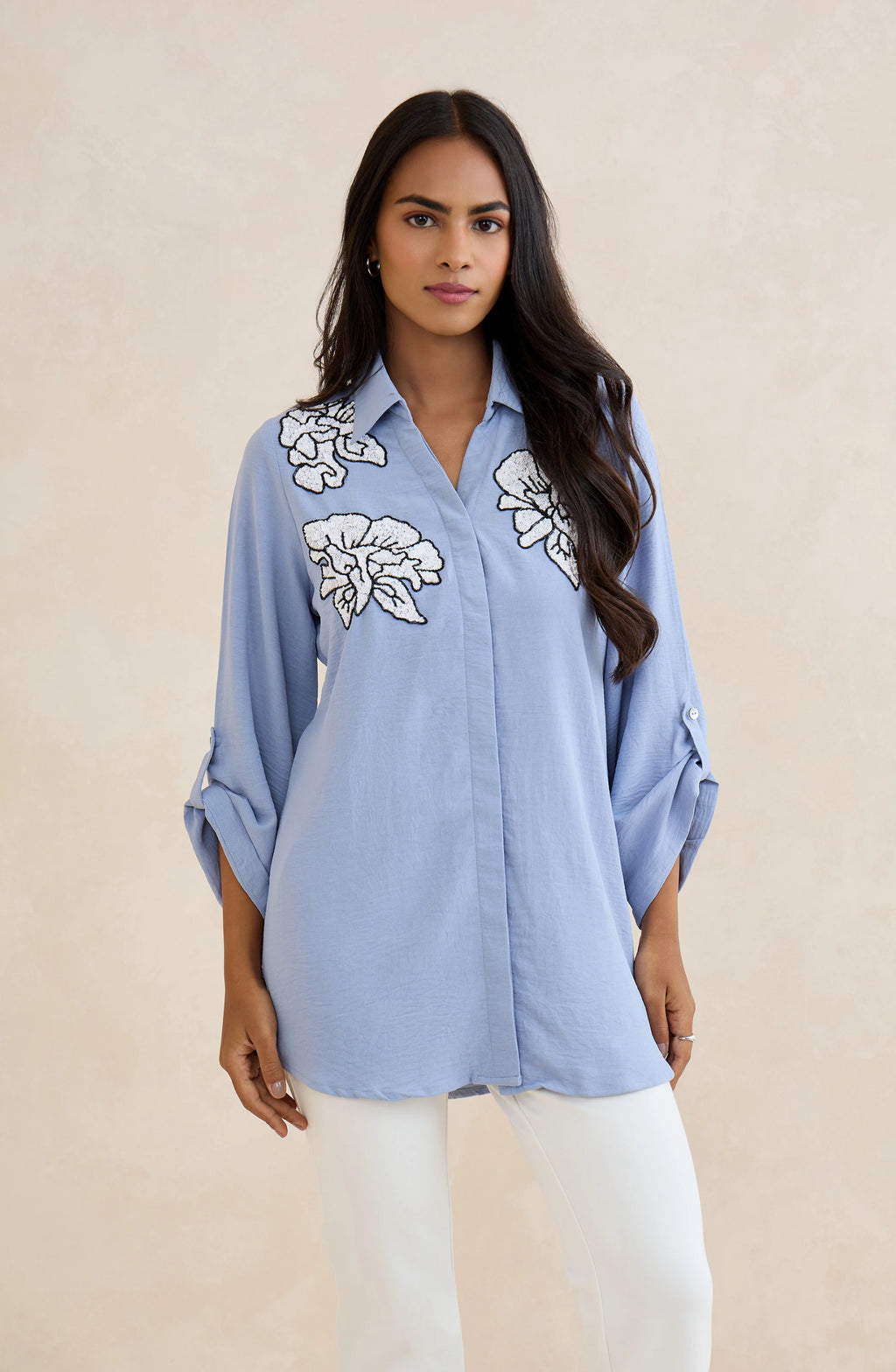 Sky Blue Floral Embellished Shirt