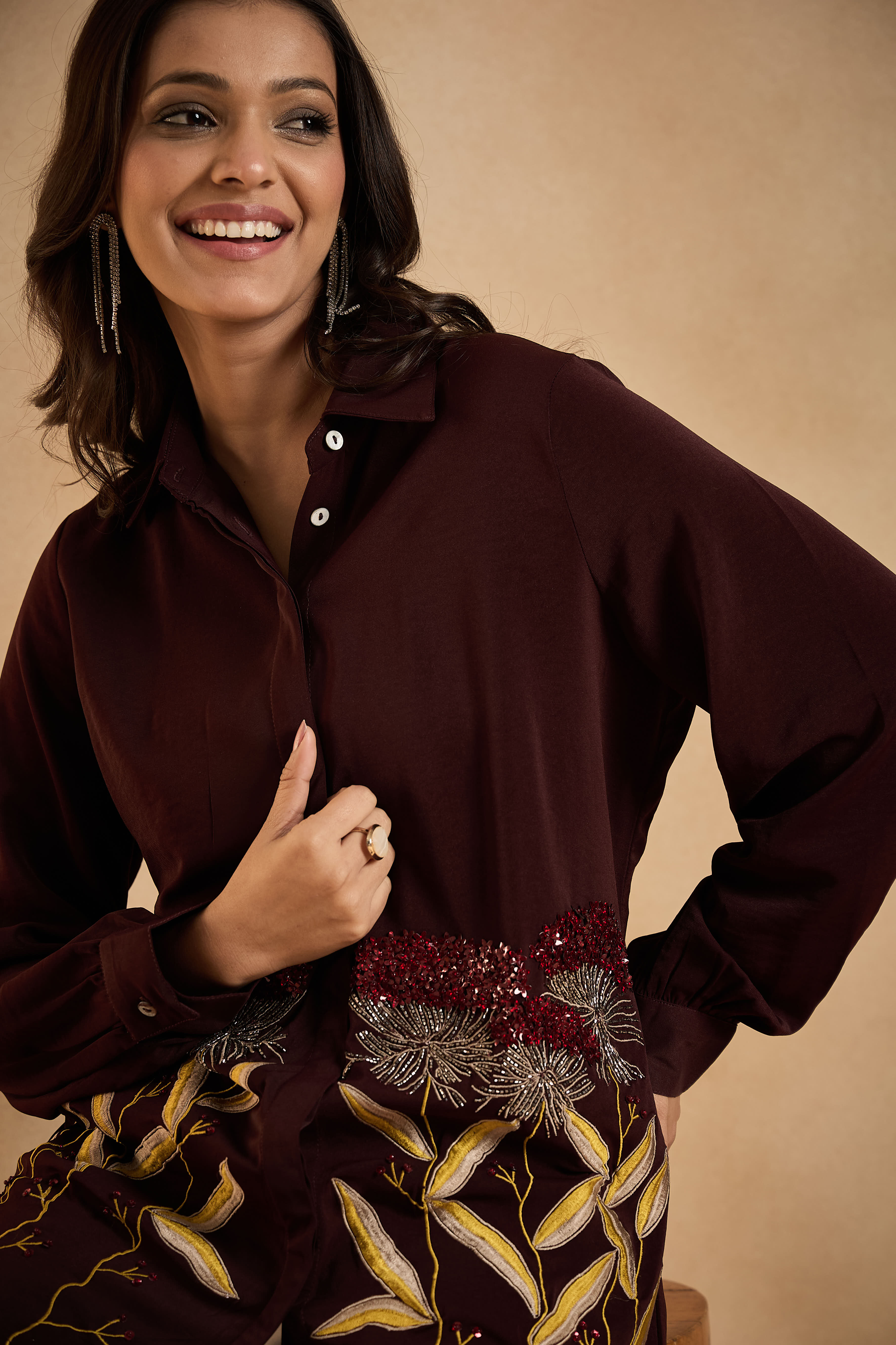 Wine Bloom Embellished Shirt