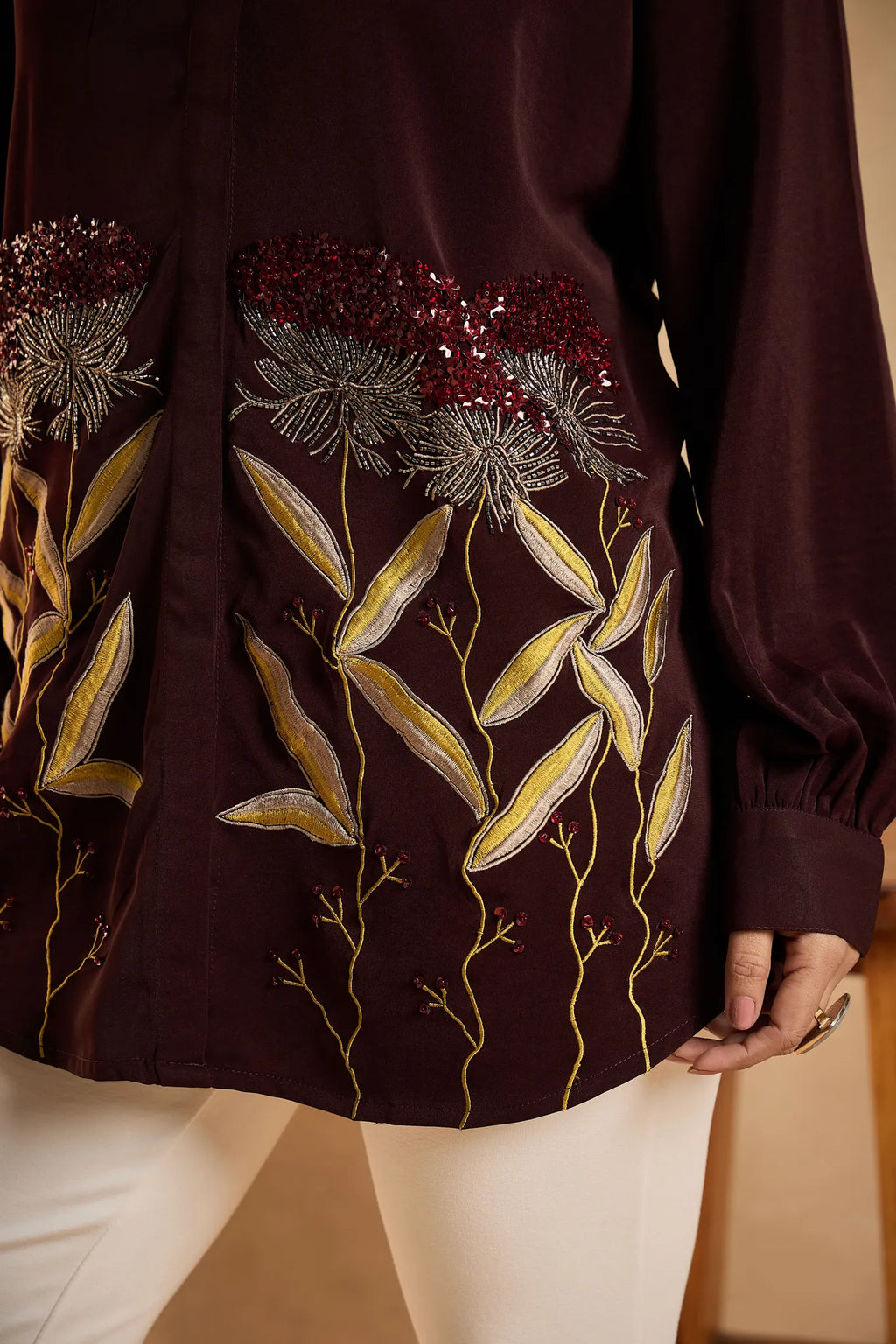 Wine Bloom Embellished Shirt