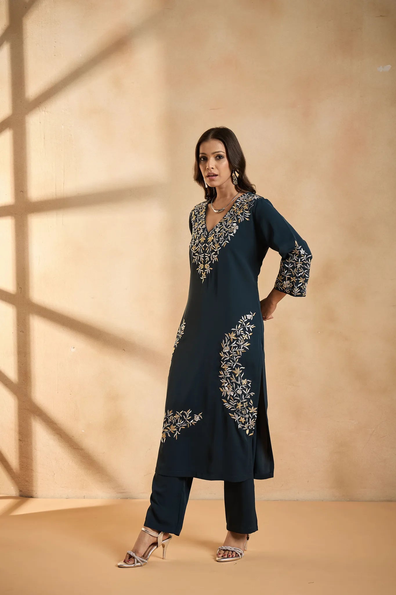 Royal Teal Bloom Embroidered Kurta Set