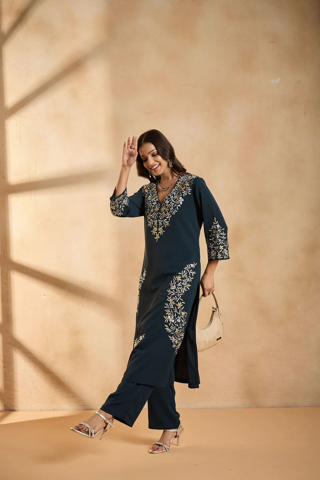 Royal Teal Bloom Embroidered Kurta Set