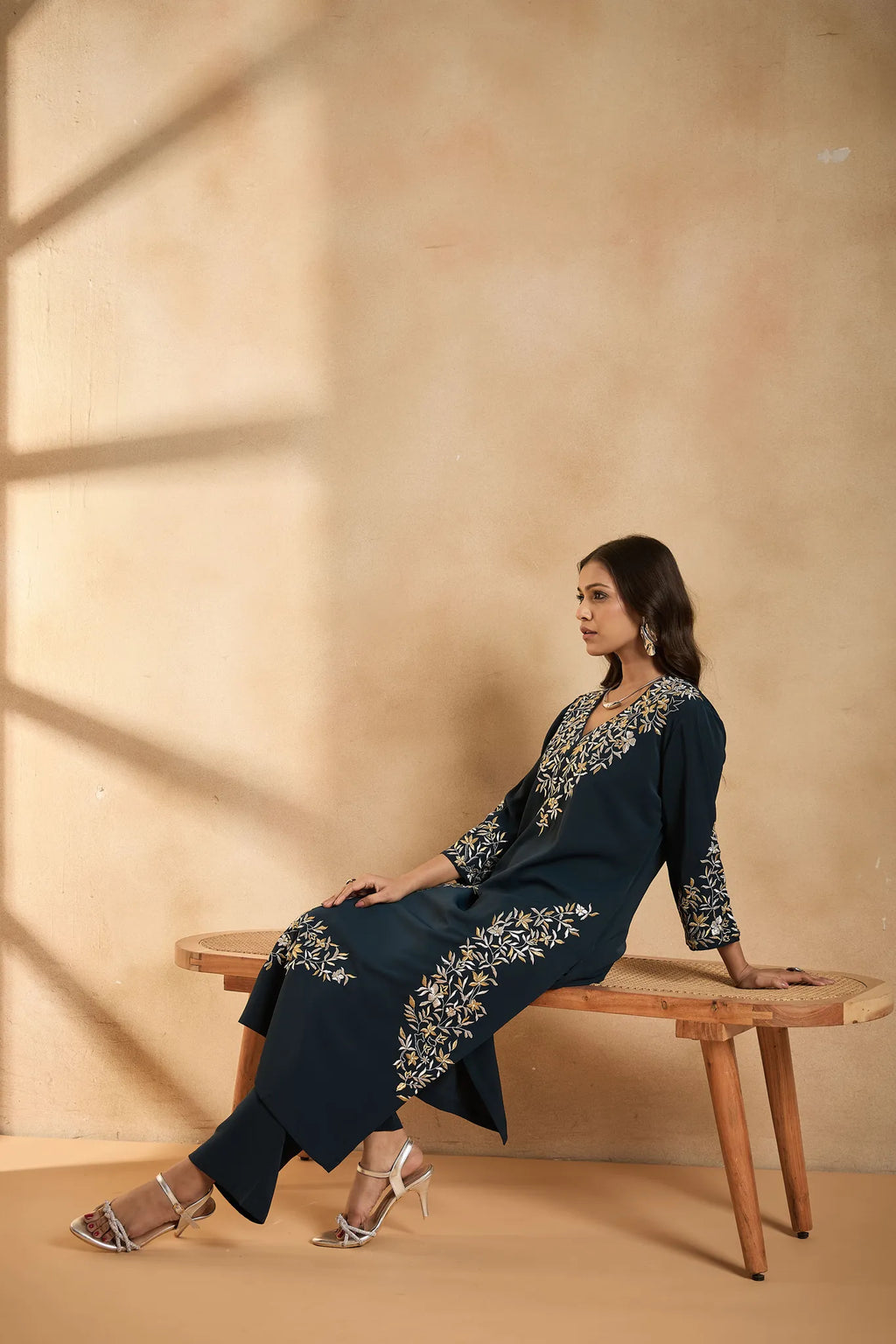 Royal Teal Bloom Embroidered Kurta Set