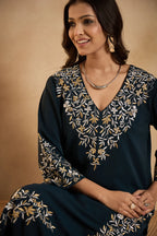 Royal Teal Bloom Embroidered Kurta Set