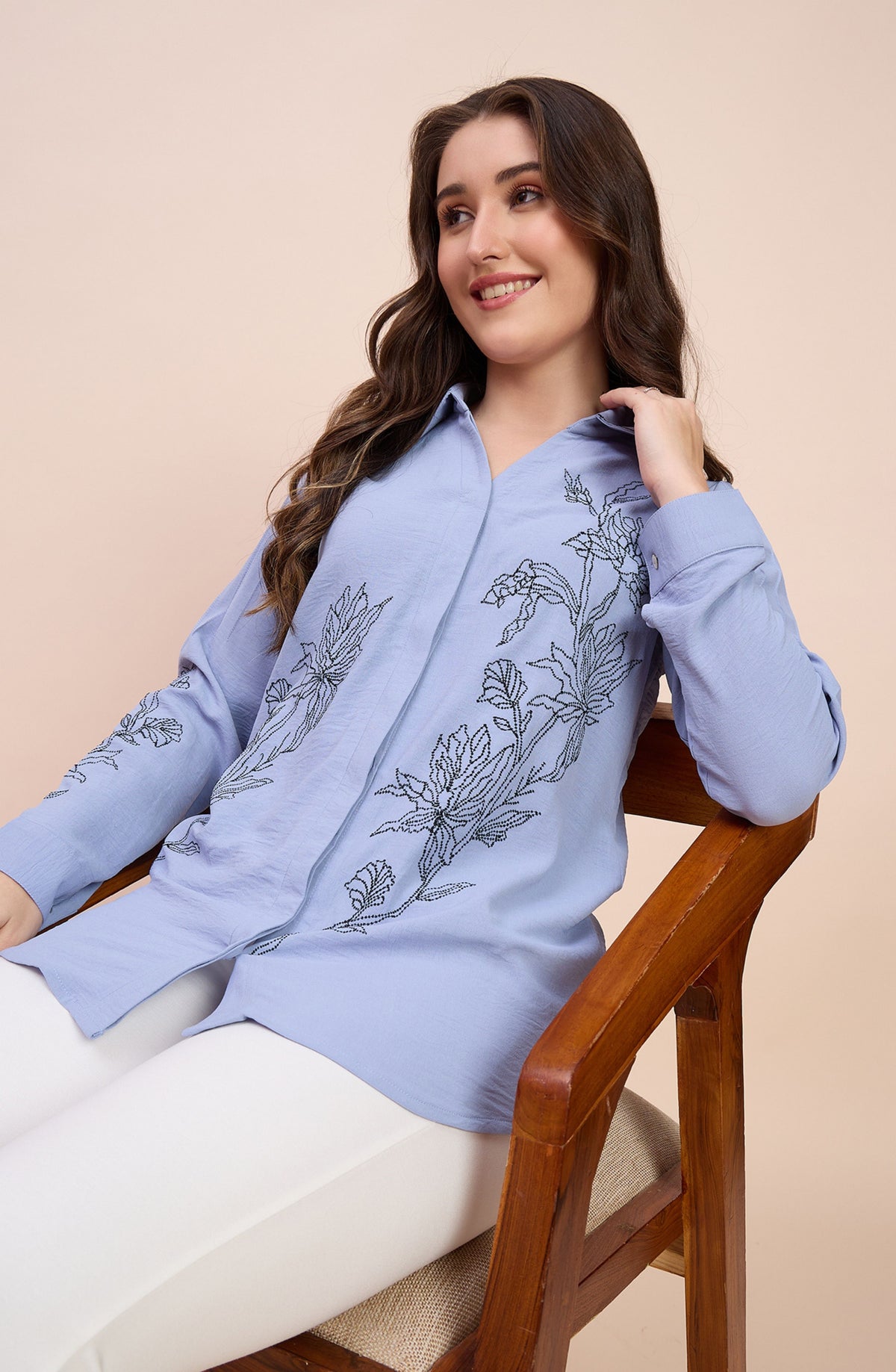 Powder Blue Shirt with Line-Art Floral Embroidery