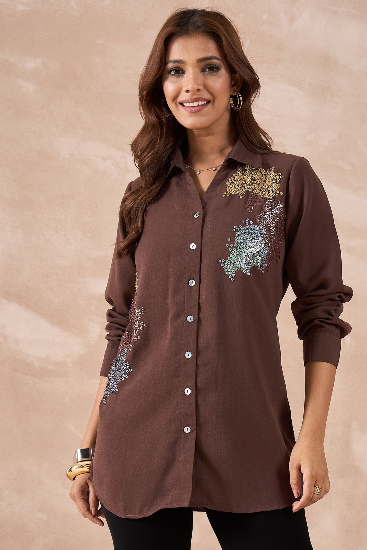 Brown Multicolour Sequin Shirt
