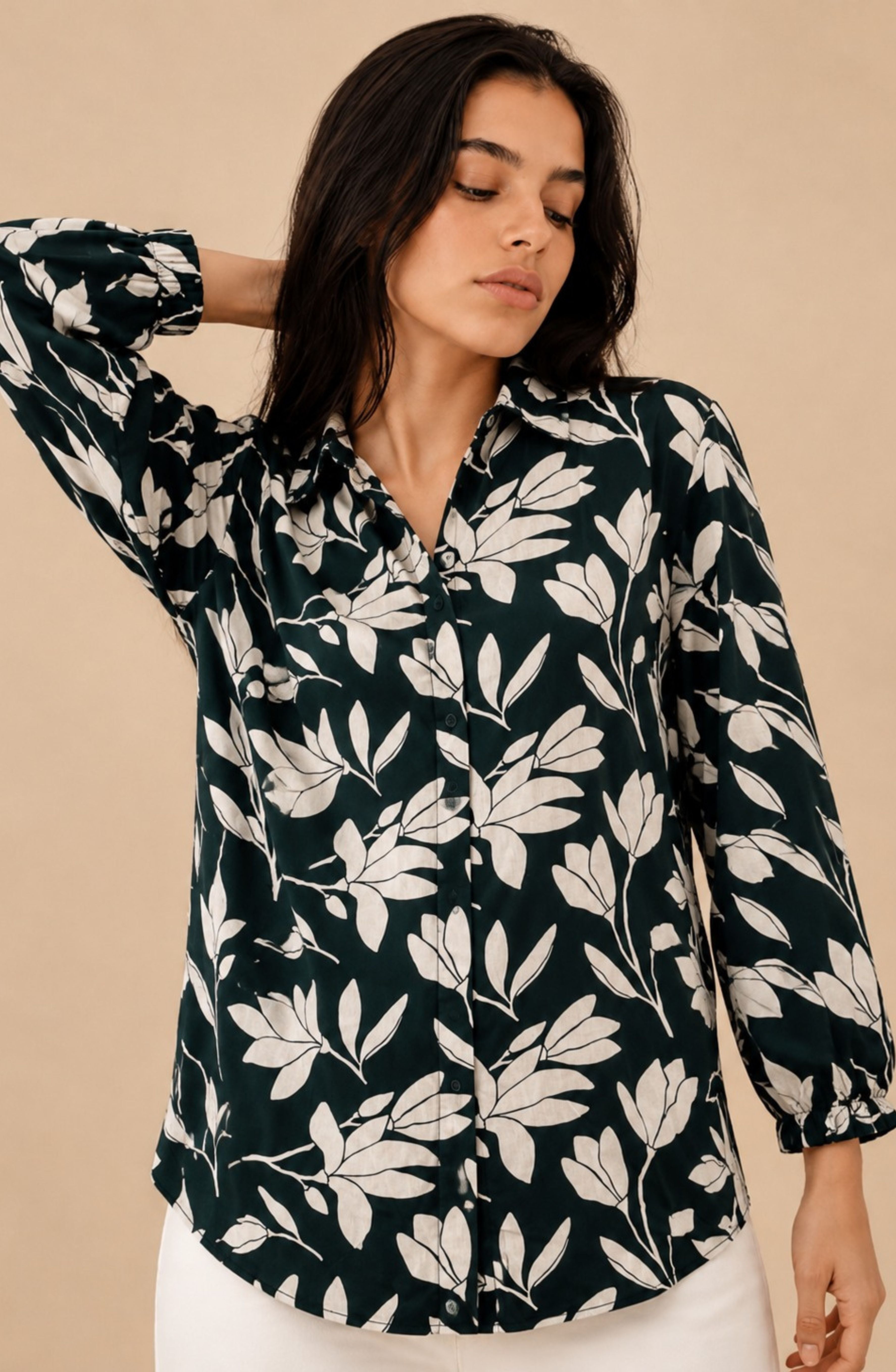 Dark Green & White Floral Printed Shirt